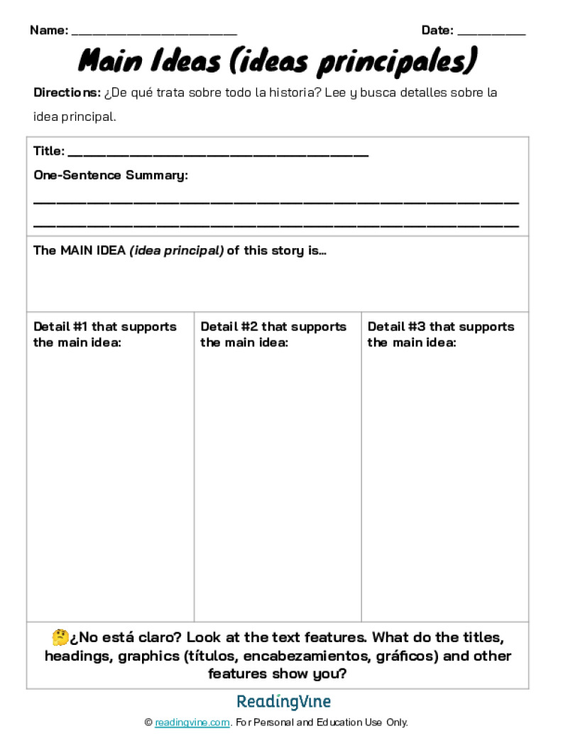 Main Idea Graphic Template Spanish Language Image ReadingVine