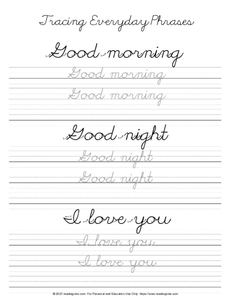 Practice Writing Common Phrases in Cursive, like Good Morning, Good Night, and I Love You