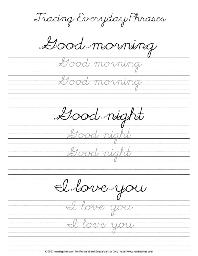 Practice Writing Everyday Phases in Cursive - Printable PDF Practice Sheets