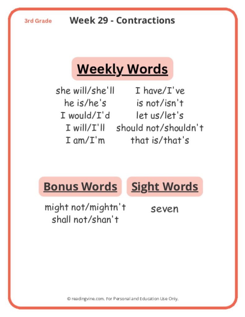 Week 29 Spelling List