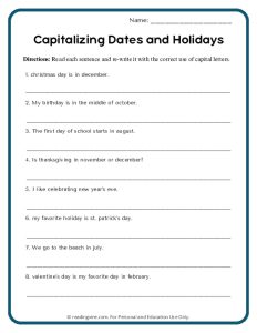 Capitalizing Dates and Holidays Worksheet Image