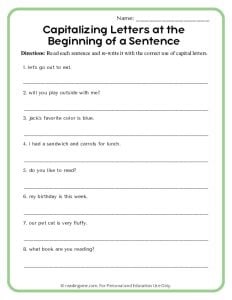 Capitalizing Letters at the Beginning of a Sentence Worksheet Image