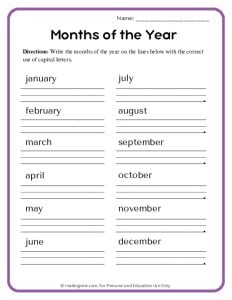 Capitalizing Months of the Year Worksheet