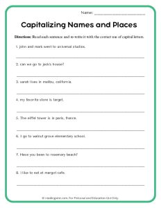 Capitalizing Names and Places Worksheet