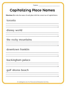 Capitalizing Place Names Worksheet