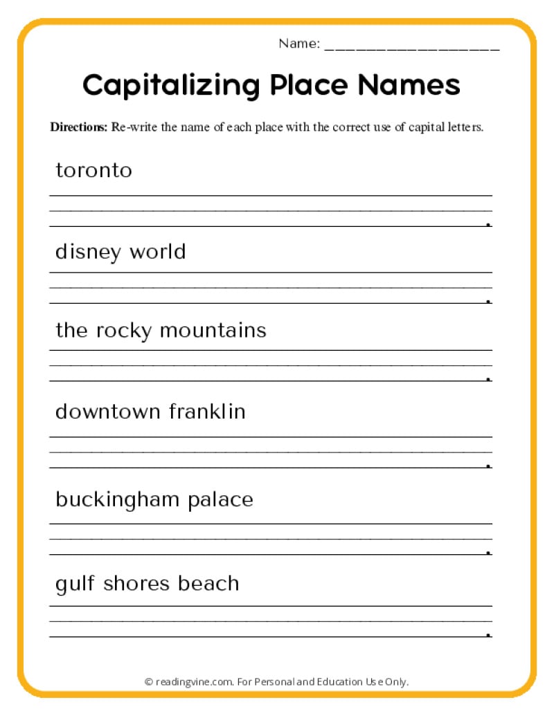 Capitalizing Place Names Worksheet