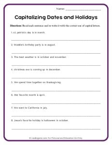Dates and Holidays Capitalization Activity