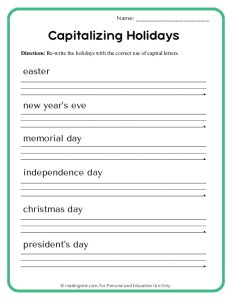 Holidays Capitalization Worksheet