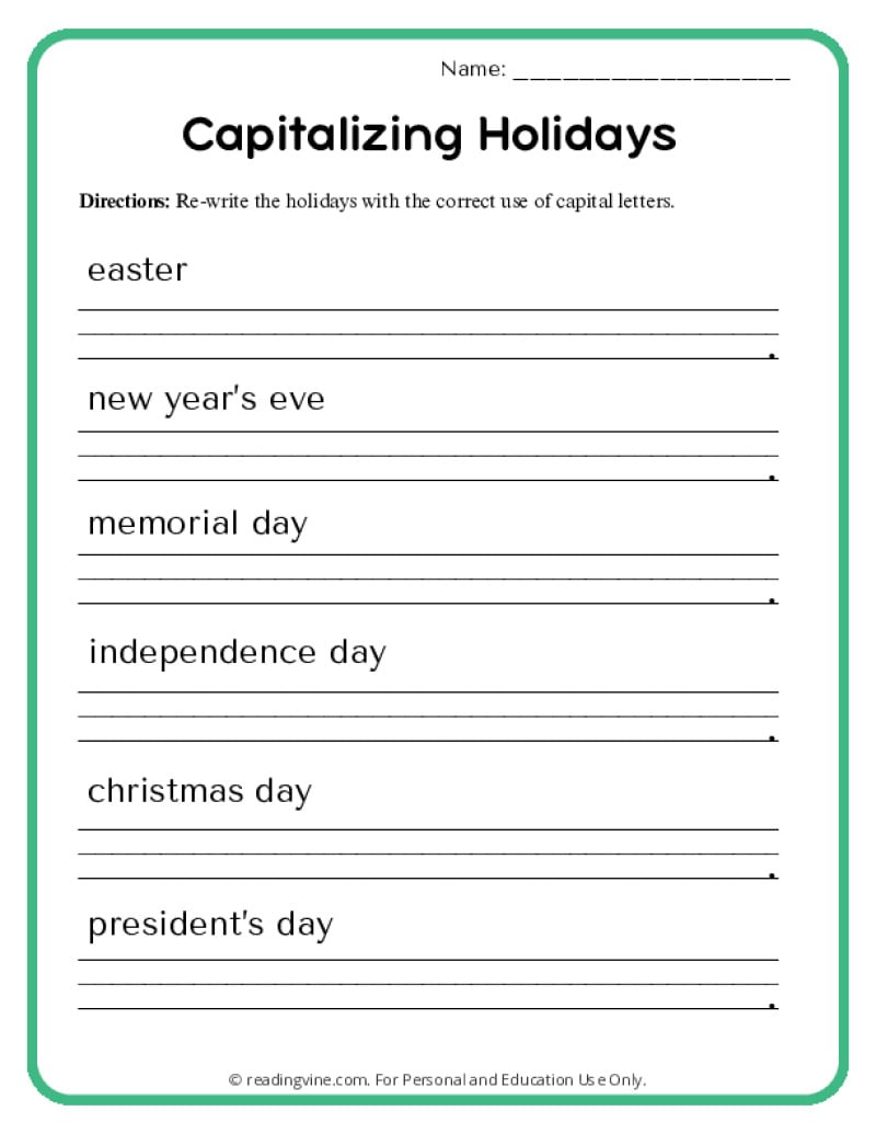Holidays Capitalization Worksheet