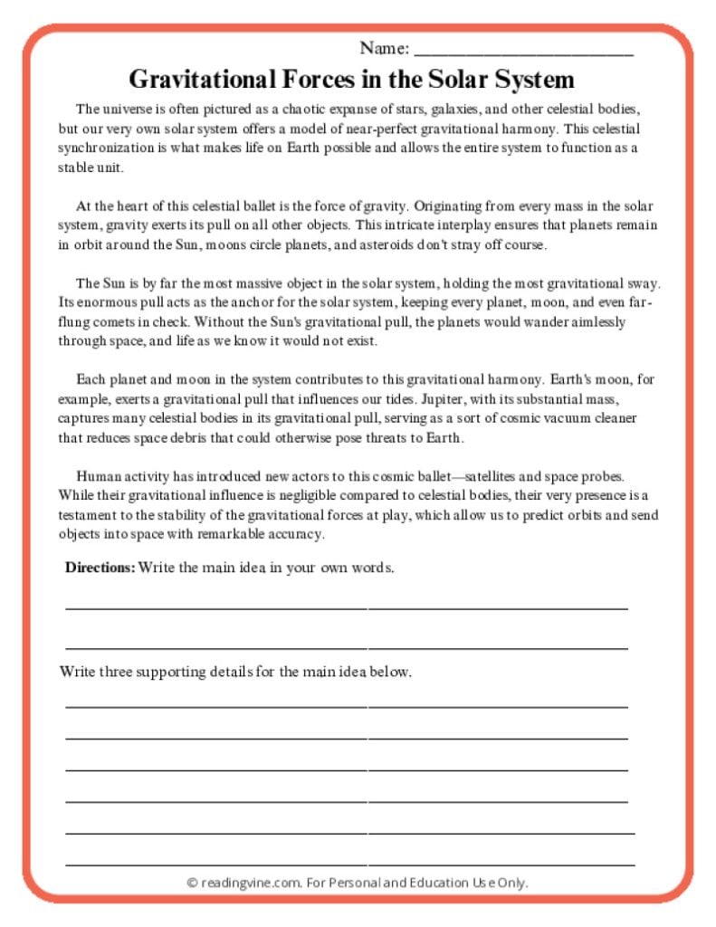 Main Idea Worksheet: Gravitational Forces