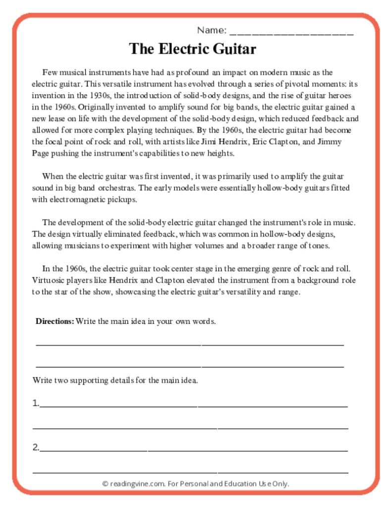 Main Idea Worksheet: The Electric Guitar
