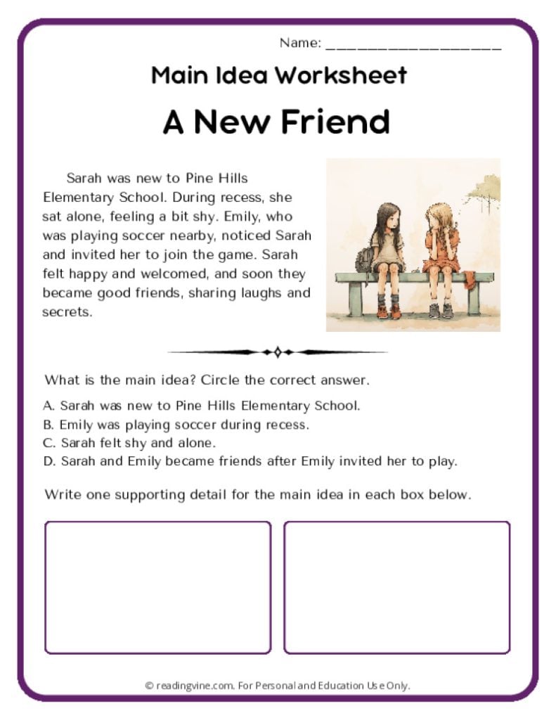 Main Idea Worksheet: A New Friend