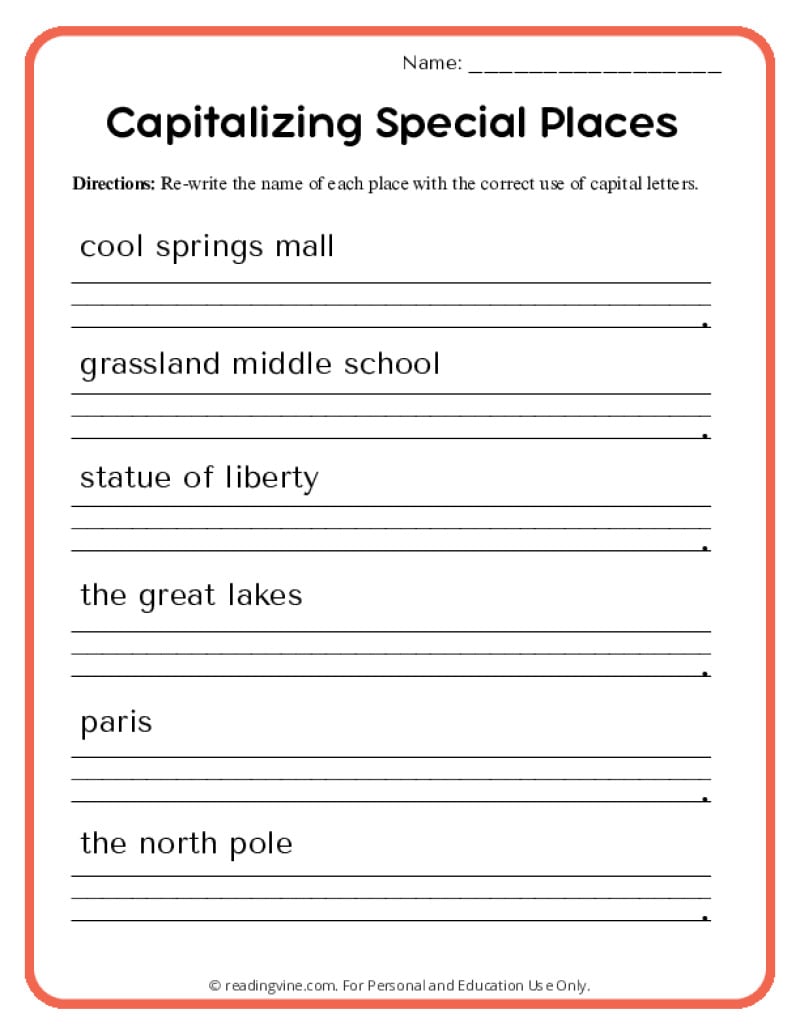 Special Places Capitalization Activity