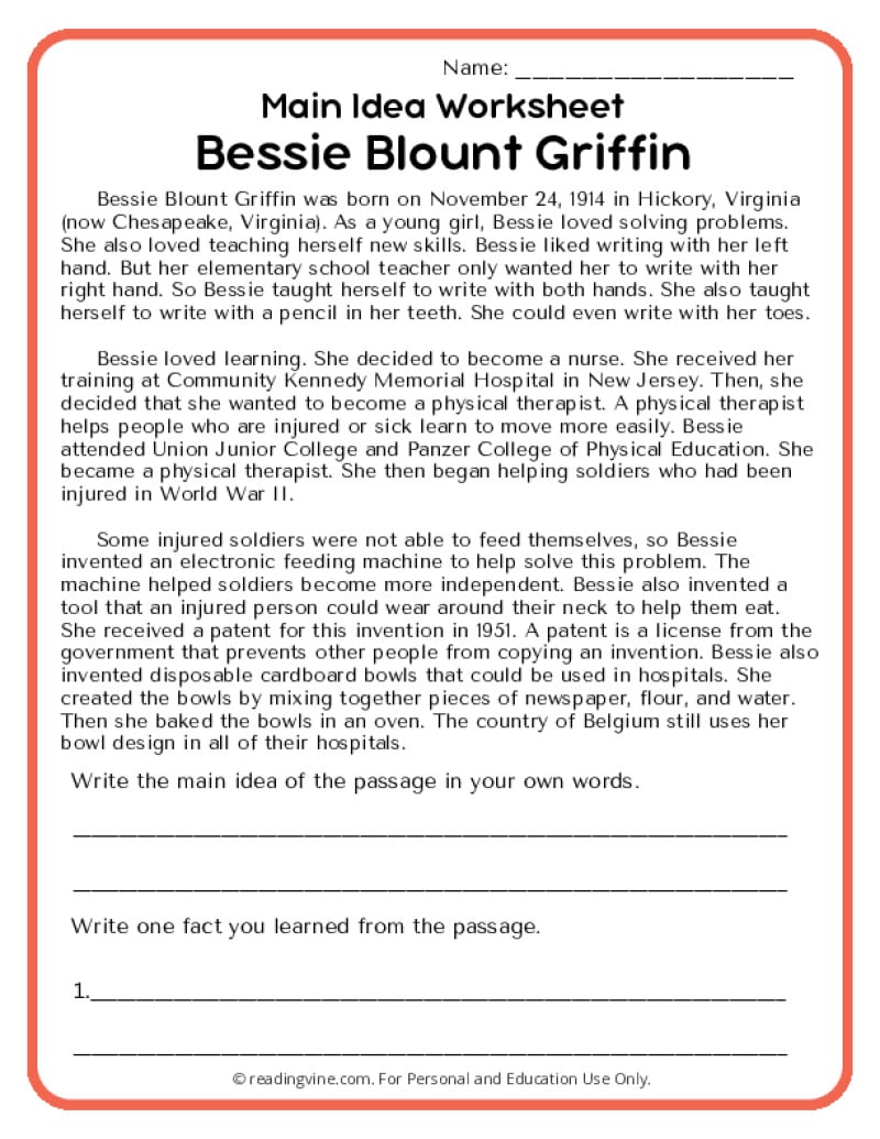 Bessie Blount Griffin Main Idea Activity Image