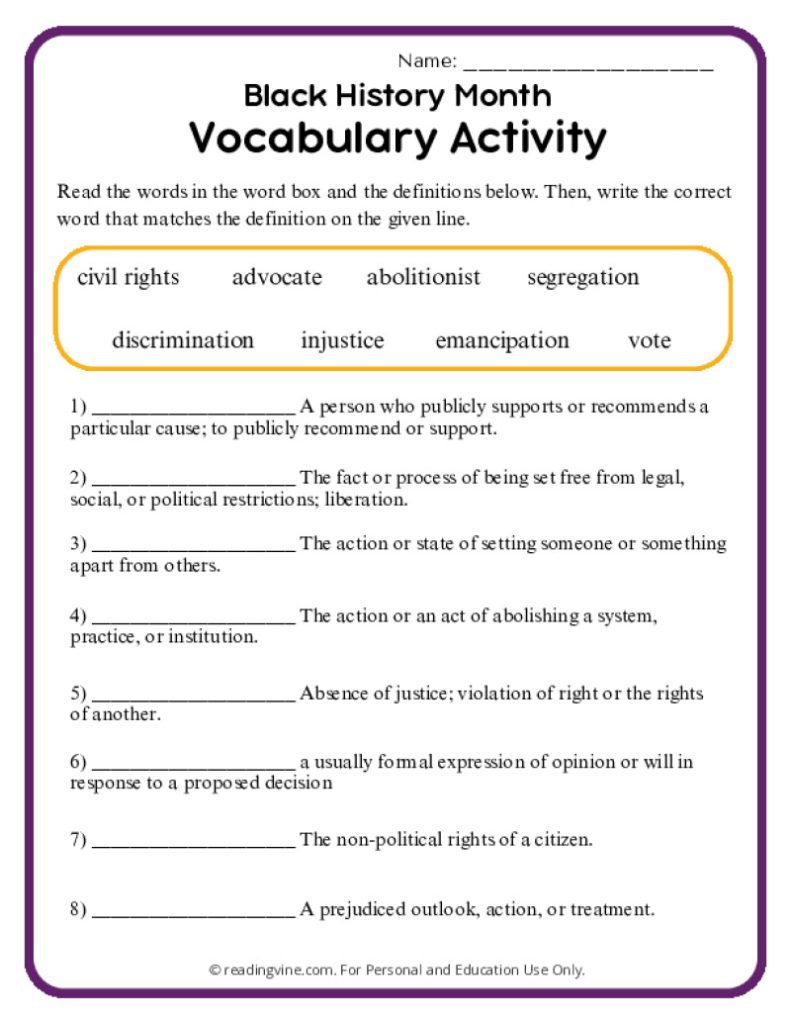 Black History Month Vocabulary Activity
