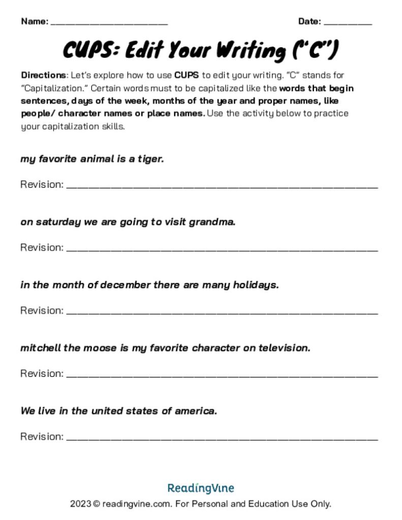 CUPS Writing Activity
