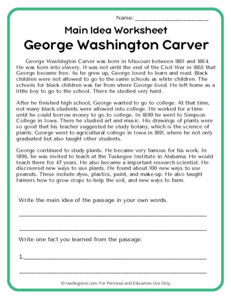 George Washington Carver Main Idea Activity