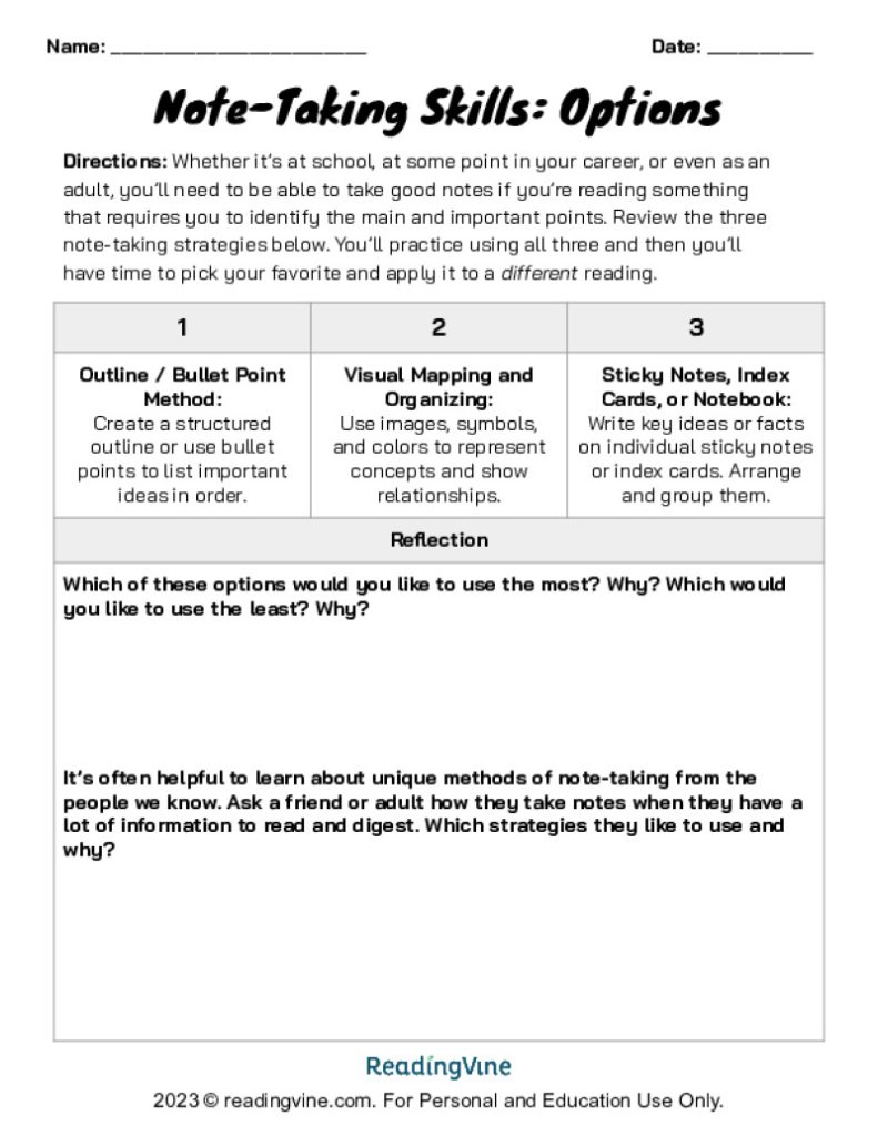 Note Taking Extension Activity