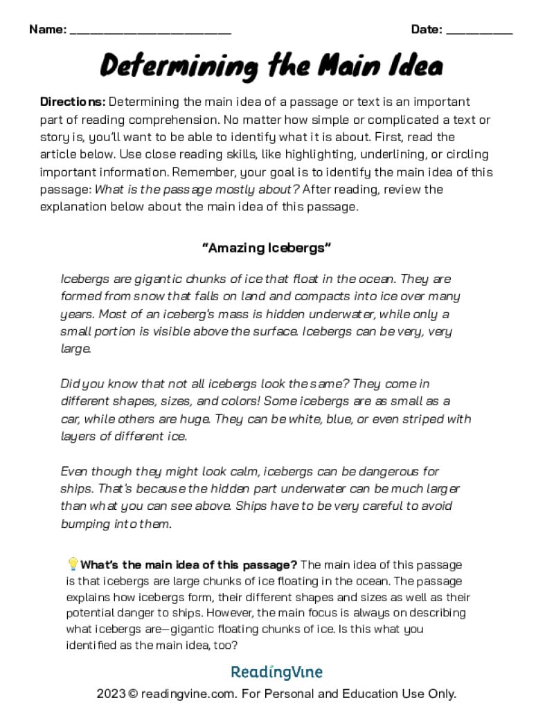 Main Idea Extension Activity
