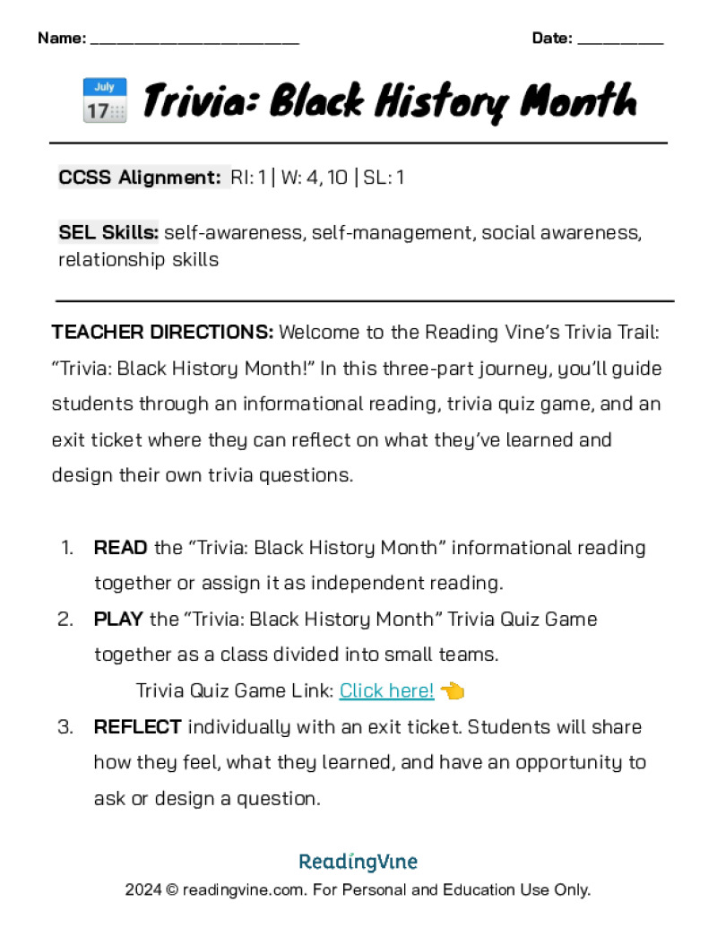 Black History Month Trivia Lesson and Game