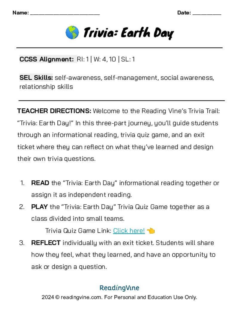 Earth Day Trivia Lesson and Game