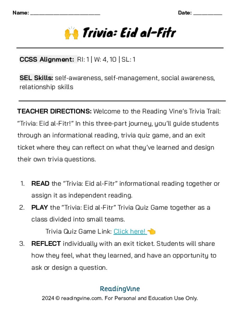 Eid al-Fitr Trivia Lesson and Game