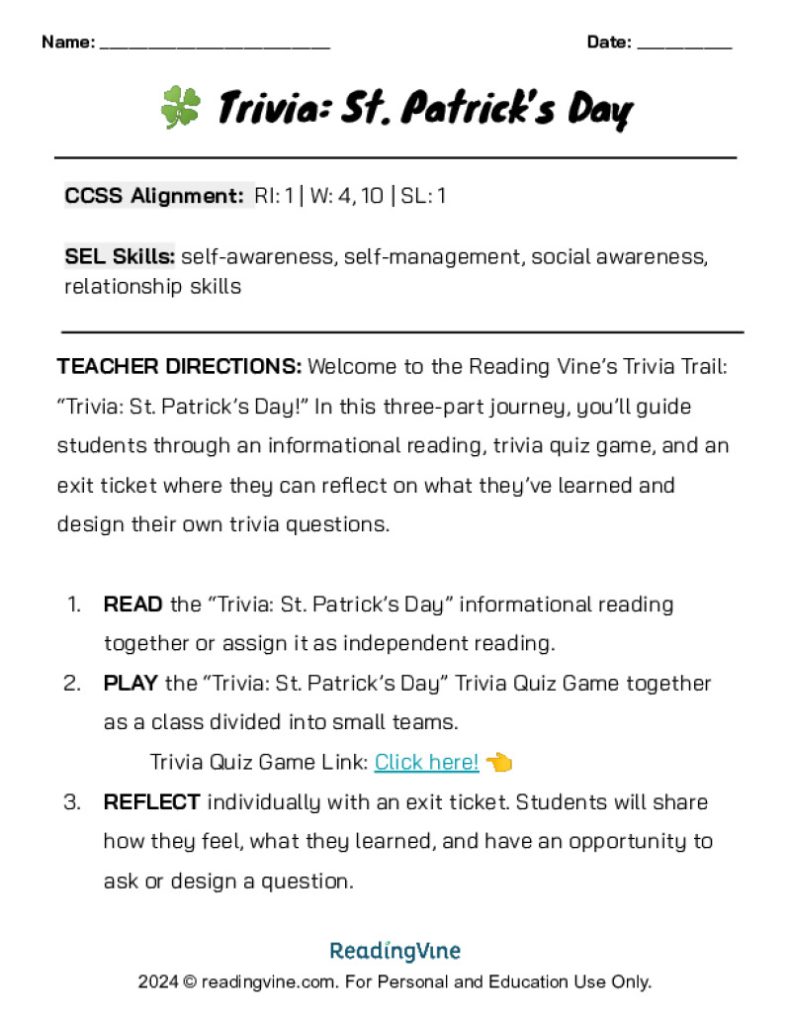 St. Patrick's Day Trivia Trail Lesson PDF