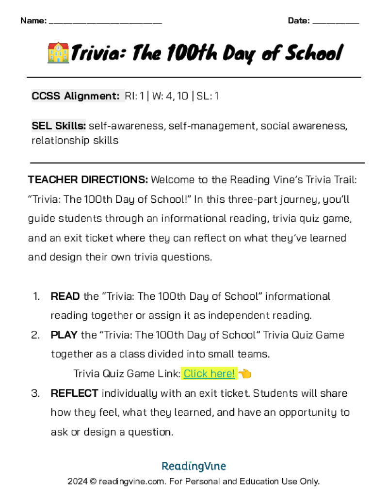100th Day of School Trivia Lesson and Game