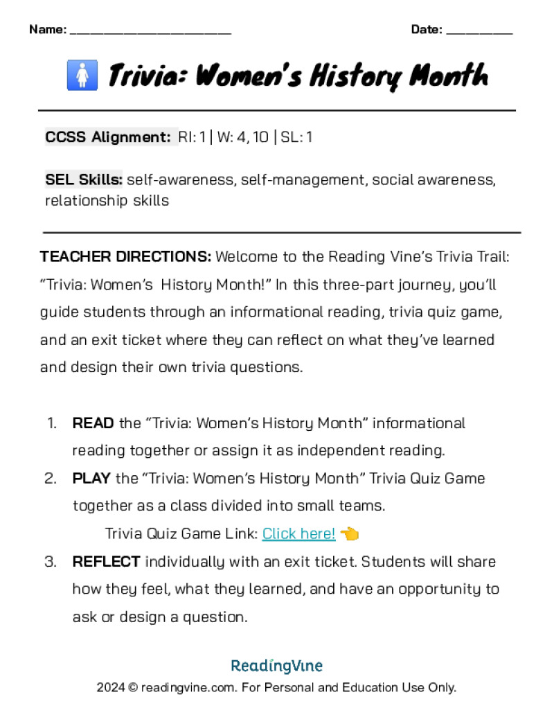 Women's History Month Trivia Lesson and Game