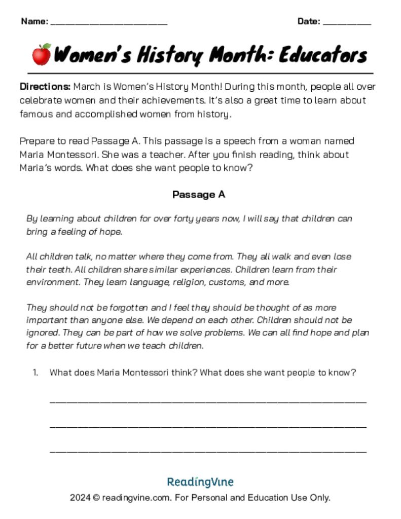 Women's History - Educators Reading Activity