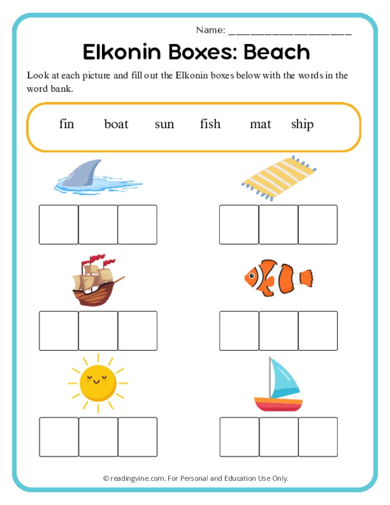 Elkonin Boxes Activity Beach Words