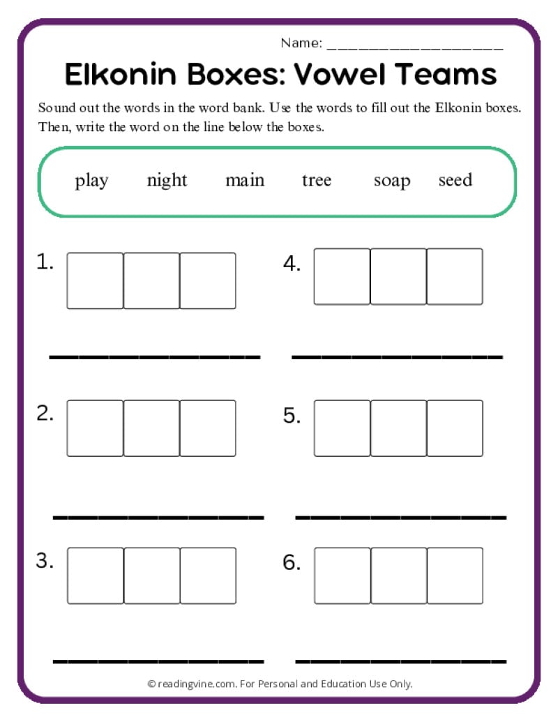 Vowel Teams Elkonin Boxes Worksheet