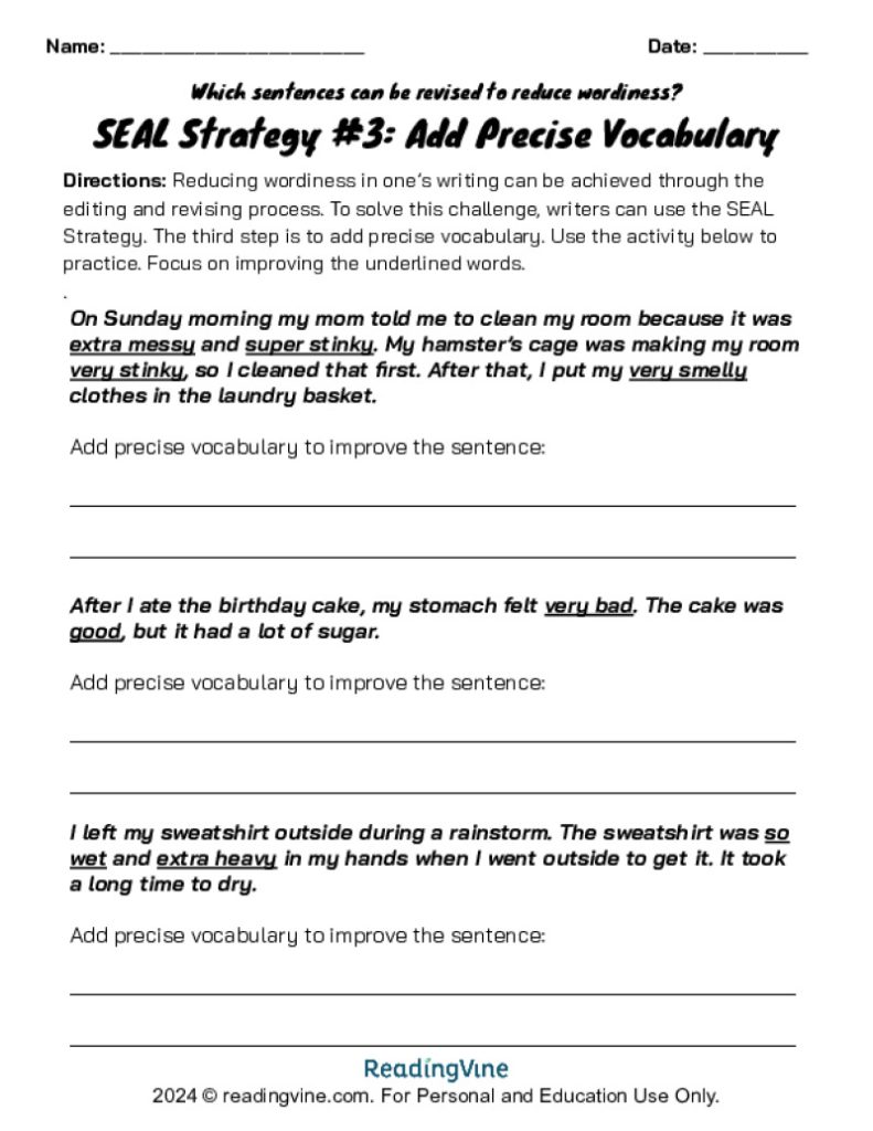 SEAL Strategy Add Precise Vocabulary Activity Image