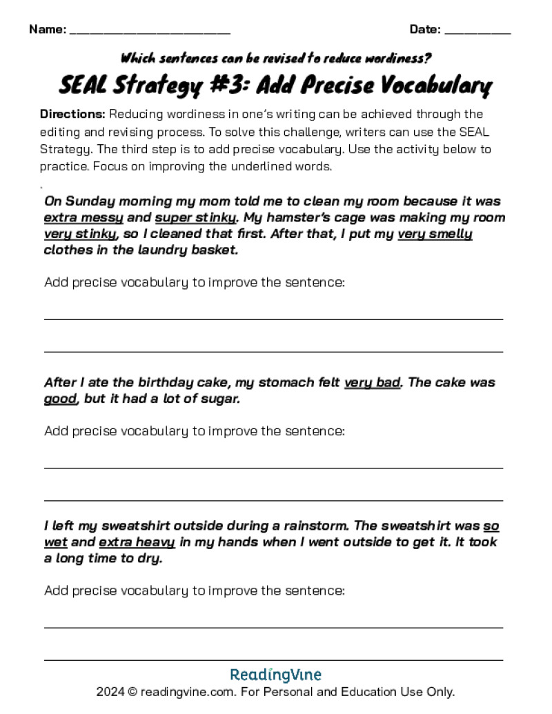 SEAL Strategy Add Precise Vocabulary Activity Image