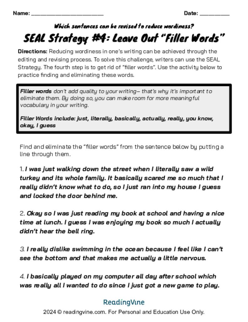 SEAL Strategy Leave Out Filler Words Activity Image