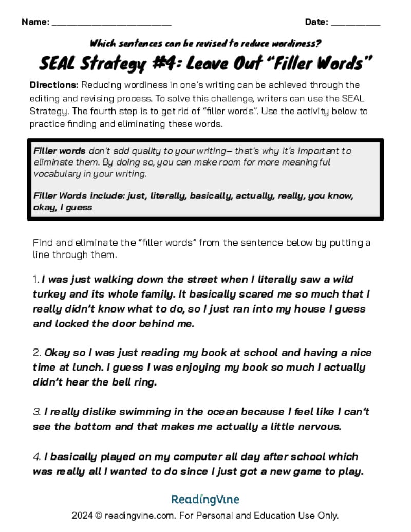 SEAL Strategy Leave Out Filler Words Activity Image