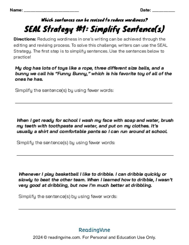 Reduce Sentence Wordiness with SEAL Strategy Simplify Sentences Worksheet Image