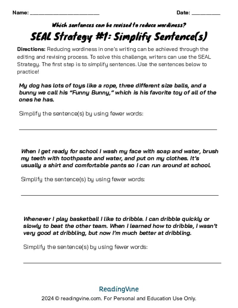 Reduce Sentence Wordiness with SEAL Strategy Simplify Sentences Worksheet Image