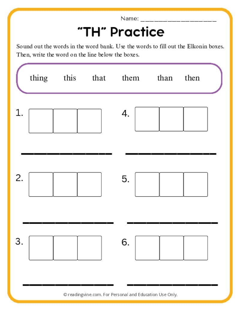 TH Words Practice Elkonin Boxes Activity
