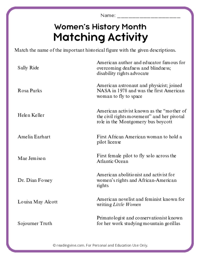 Women's History Month Matching Activity