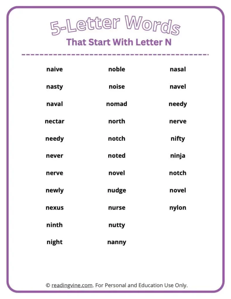 5 Letter Words That Start With N