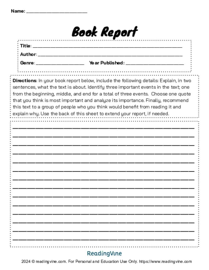 6th - 8th Grade Book Report Activity #2