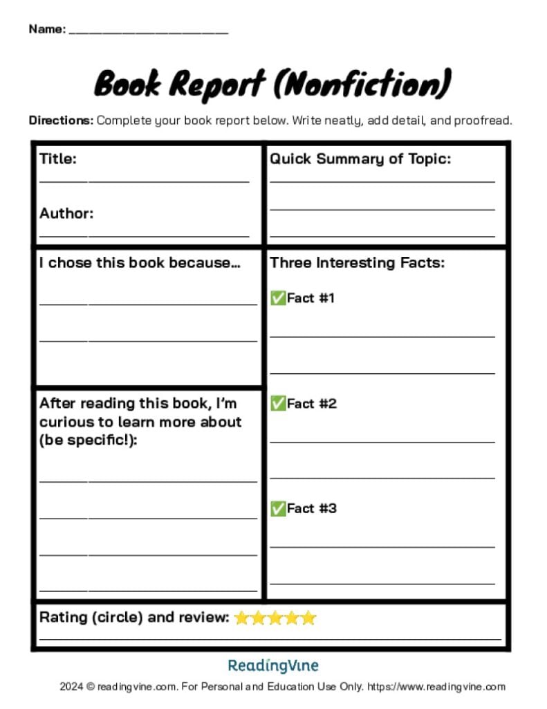4th - 5th Grade Nonfiction Book Report Template