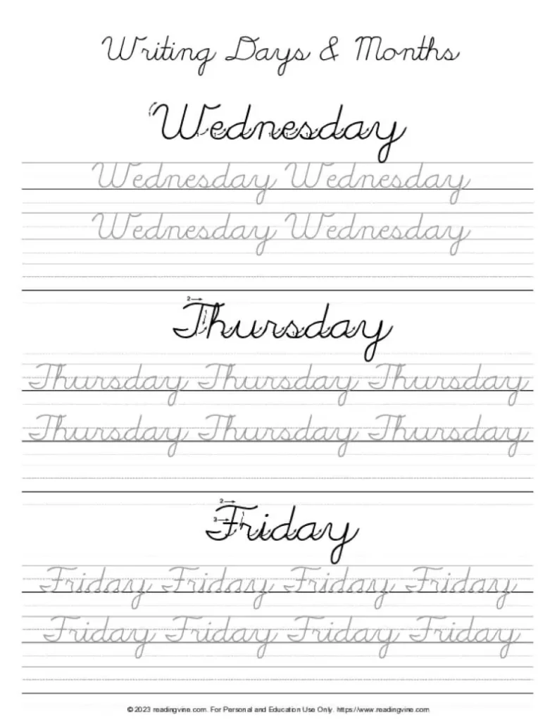 Cursive Letters – Days of the week (Wed – Fri)