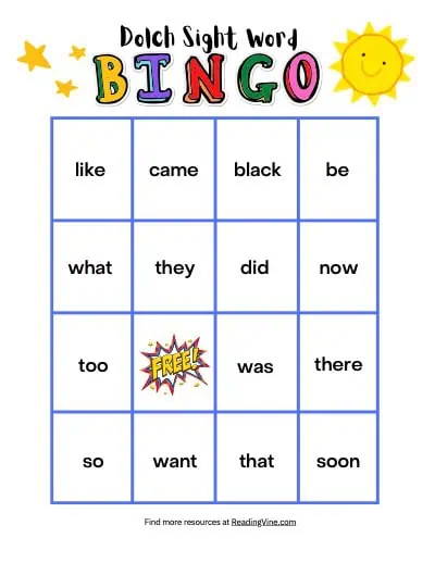 Kindergarten Sight Words Bingo 4x4