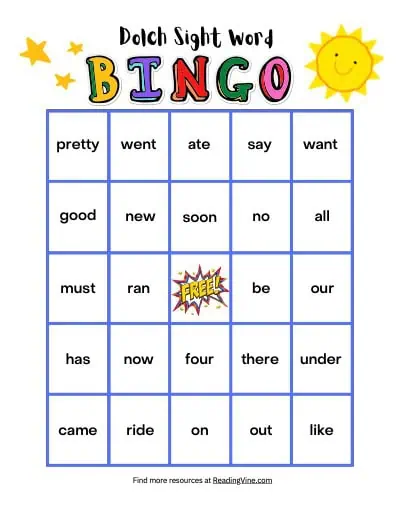 Kindergarten Sight Word Bingo 5x5
