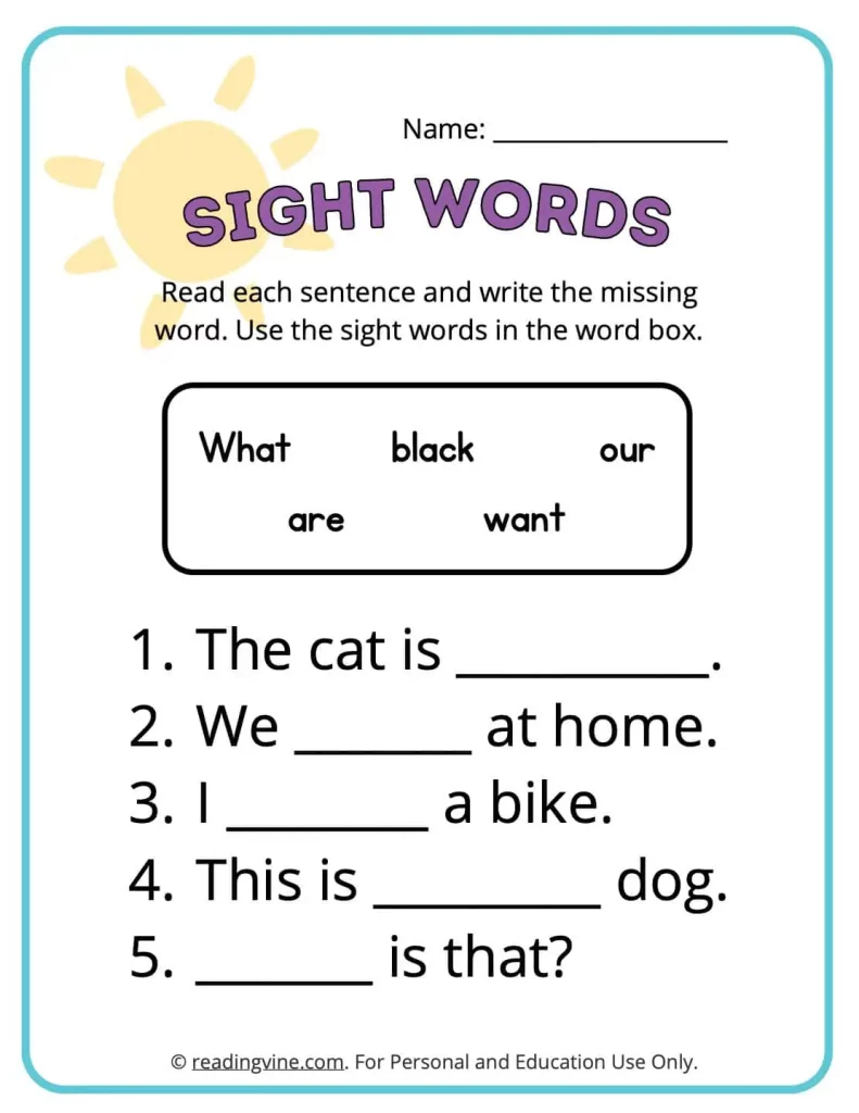 Kindergarten Sight Word Sentences