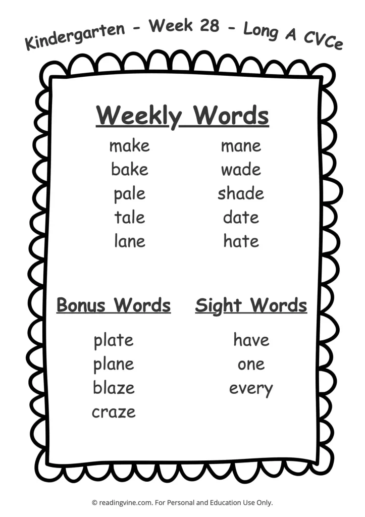 Week 28 Spelling List