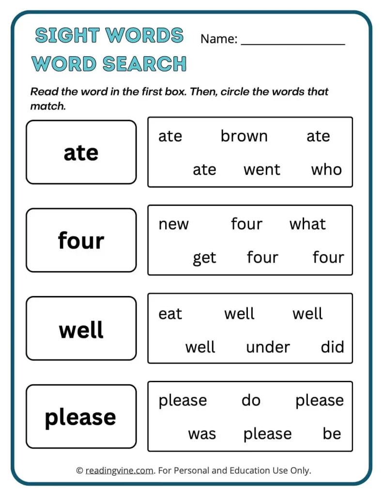 Kindergarten Sight Word Search