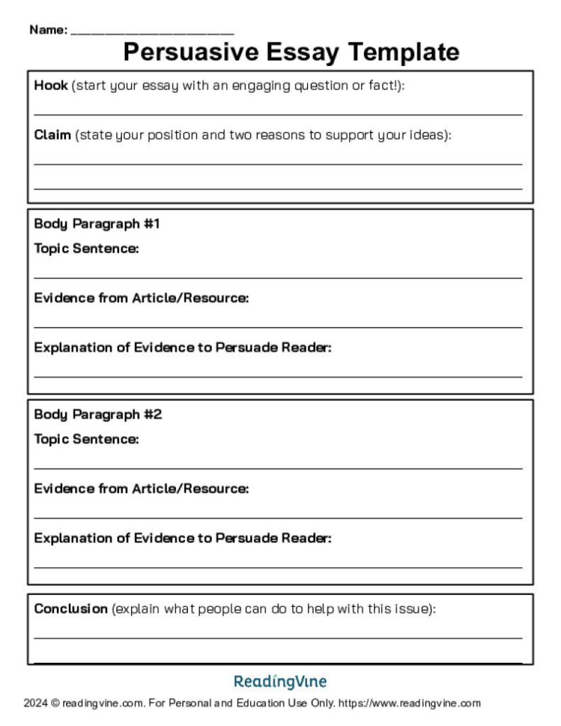Persuasive Essay Outline Template for 6th - 8th Grade